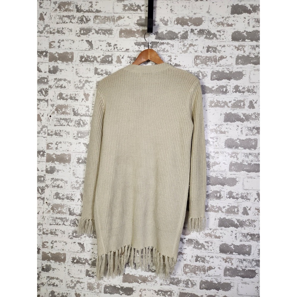 Boho Western Cardigan Beige Fringe Size Small Open Chunky Pockets - Picture 8 of 16